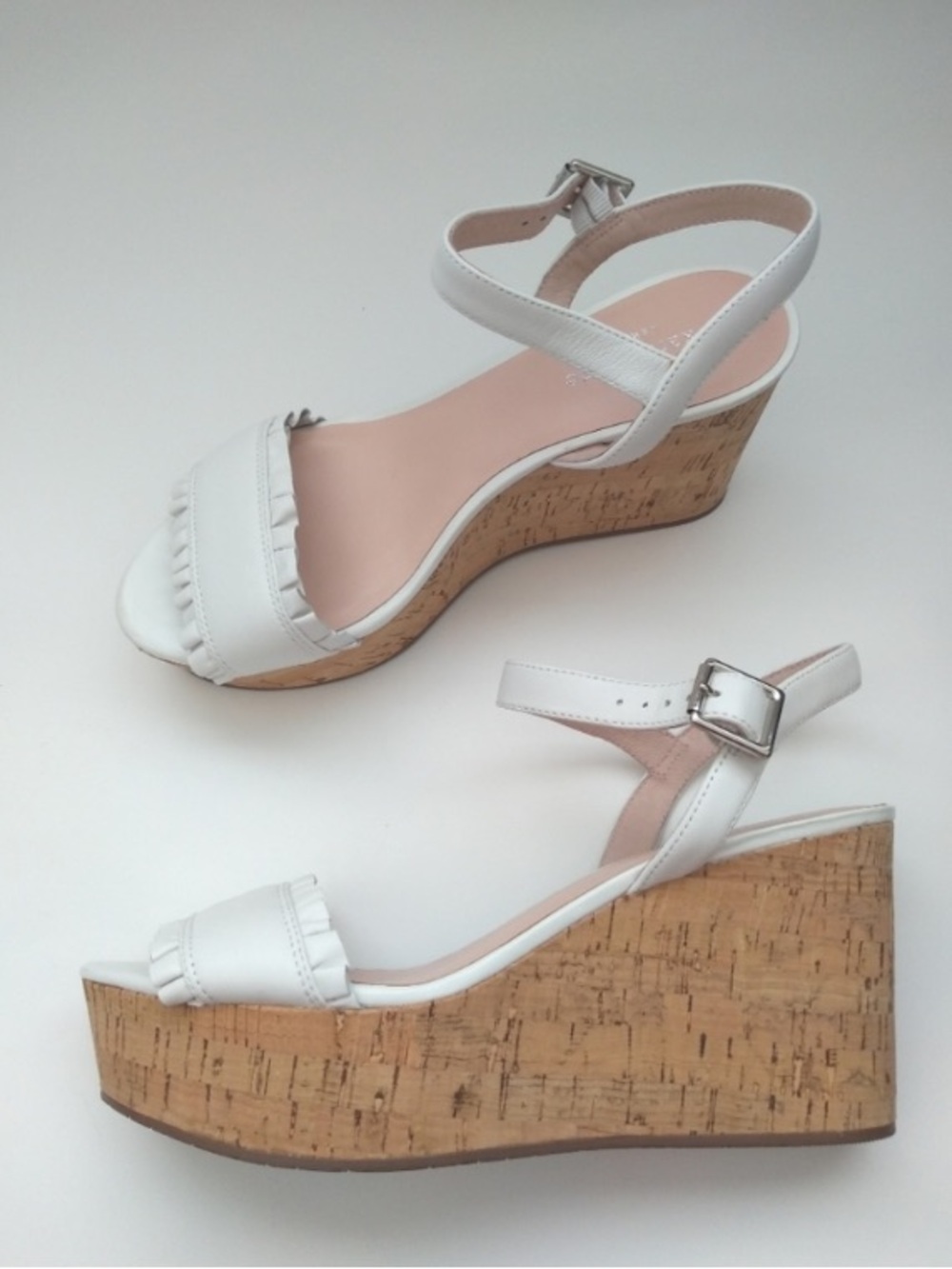 KATE SPADE- White Leather Cork Wedge Sandals